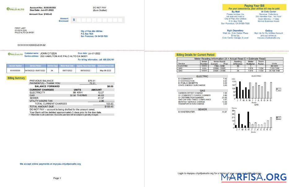 Printable USA California Palo Alto utility bill, Word and PDF template, 2 pages